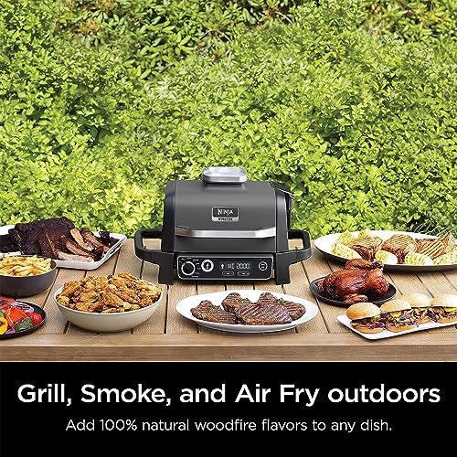 Ninja OG701 Woodfire Outdoor Grill & Smoker, 7-in-1 Master Grill, BBQ Smoker, Air Fryer plus Bake, Roast, Dehydrate, & Broil uses Woodfire Pellets(1 Pack Included), Portable, Electric, Grey(Renewed)