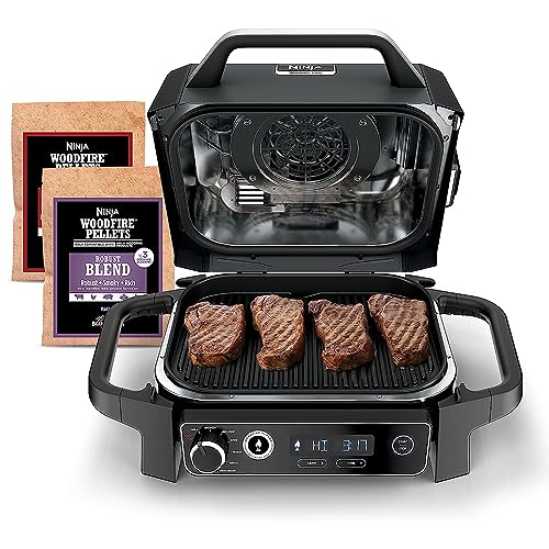 Ninja OG701 Woodfire Outdoor Grill & Smoker, 7-in-1 Master Grill, BBQ Smoker, Air Fryer plus Bake, Roast, Dehydrate, & Broil uses Woodfire Pellets(1 Pack Included), Portable, Electric, Grey(Renewed)