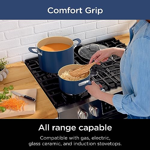 Ninja CW49011 Extended Life Ceramic 11-Piece Cookware Set with Comfort Grip, Nonstick Fry Pans, Pots, PFAS Free, Oven Safe, Dishwasher Safe, All Stovetops & Induction Compatible, Navy Blue