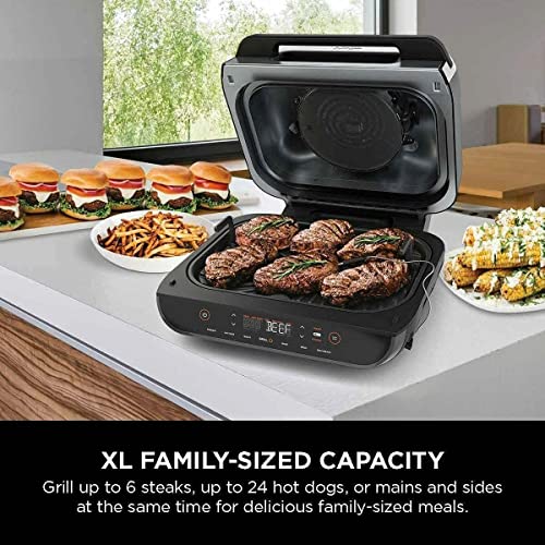 Ninja FG551 Foodi Smart XL 6-in-1 Indoor Grill with 4-Quart Air Fryer Roast Bake Dehydrate Broil and Leave-in Thermometer, with Extra Large Capacity, and a stainless steel Finish (Renewed)