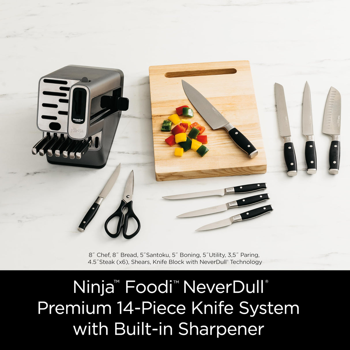 Ninja K32017 Foodi NeverDull Premium Knife System, 17 Piece Knife Block Set with Built-in Sharpener, German Stainless Steel Knives, Black